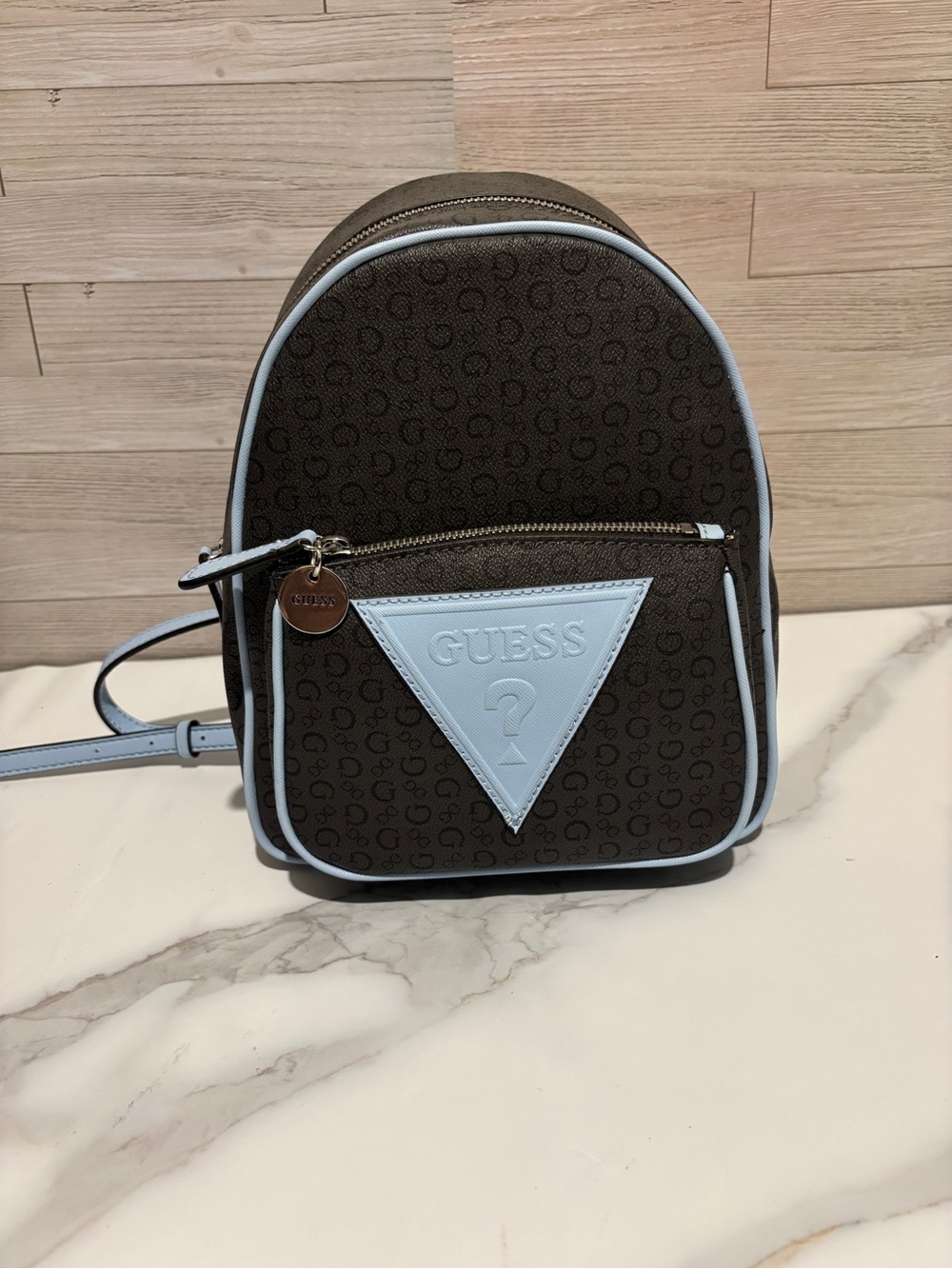 GUESS Brown and Light Blue Monogram Mini Backpack